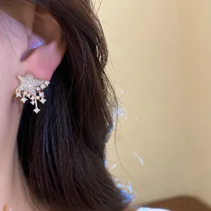 Close-up shot of elegant star-shaped stud earring with zircon tassels on ear.