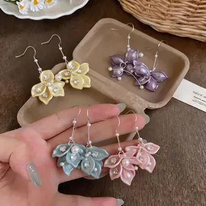 Acrylic Petal Tassel Ear Hook Earrings With Artificial Pearl And Rhinestone Korean Style Fashion Flower Dangle Earrings For Women