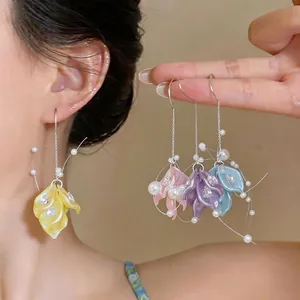 Korean style flower petal tassel earrings with zircon and pearl details