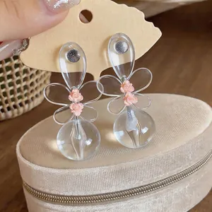 Elegantes pendientes de resina transparente con flores y agujas de plata S925 estilo coreano