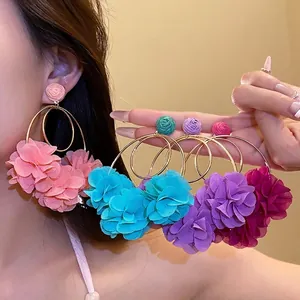 Romantic chiffon flower hoop earrings in multiple colors for vacation