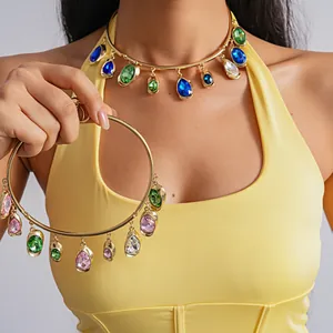Luxus Legierung Strass Choker Halskette Für Damen Vintage Europäischer Stil Bunte Birnenförmige Edelstein Anhänger Halskette Schmuck Geschenk