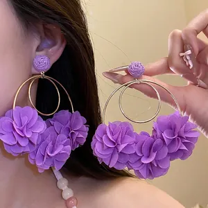 Elegant purple chiffon flower hoop earrings with raffia and silver pins for women