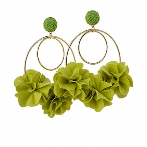 Large green chiffon flower hoop earrings with raffia stud for summer vacation style