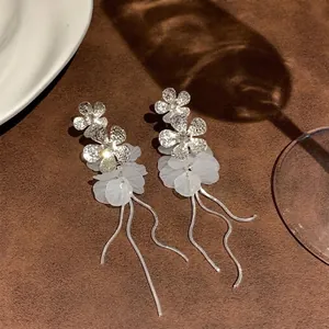 Elegant S925 silver needle zircon flower petal tassel drop earrings with white fabric detail