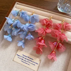 Bohemian Multi-Layer Chiffon Flower Drop Earrings For Women Seaside Vacation Style Sweet Floral Earrings With Silver Post