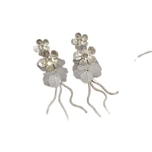 Elegant zircon flower petal tassel earrings for women with silver-colored wavy tassels