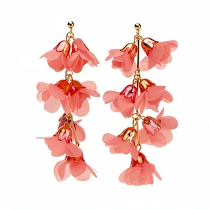 Elegant Bohemian multi-layered chiffon flower drop earrings for beach vacation fashion