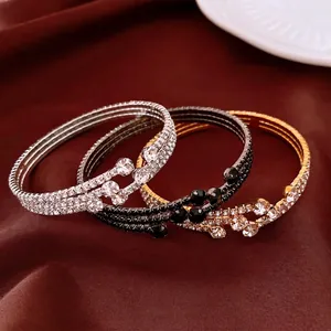 Vintage Copper Rhinestone Open Bangle Elegant Geometric Elastic Circular Bracelet For Women Delicate Jewelry Accessary