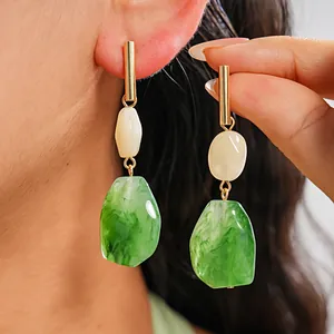 Vintage Resin Geometric Drop Earrings For Women European Retro Marble Pattern Resin Jewelry With Silver Earring Post Elegant Earrings