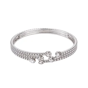 Vintage silver elastic open bangle bracelet with sparkling rhinestones for women