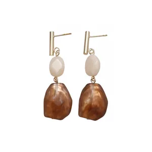 Vintage resin geometric drop earrings with brown marbled stone and gold bar posts