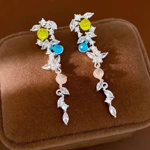 Multicolor Zirconia Leaf Tassel Drop Earrings For Women With 925 Sterling Silver Earring Post Copper Tassel Earrings Jewelry