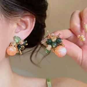 Orecchini a Bottone a Grappolo di Fiori in Vetro Fatti a Mano Con Perno in Argento Sterling 925 Gioielli Floreali Vintage Oro Verde Donna