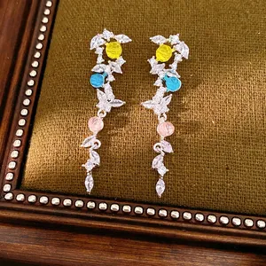 Elegant silver needle earrings with leaf zircons and colorful tassel drops for women