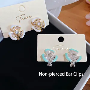 Luxus 18K Vergoldete Blumen Clip On Ohrringe Mit Zirkonia Ohne Piercing Emaille Florale Ohrringe Für Frauen Mode Schmuck