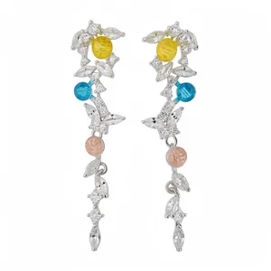 Elegant silver leaf tassel earrings with colorful zircon and vibrant round crystal accents