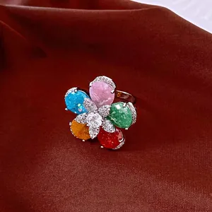 18K gold plated flower open ring with colorful stones and sparkling cubic zirconia