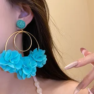 Elegant bohemian teal chiffon flower hoop earrings with double gold-tone rings