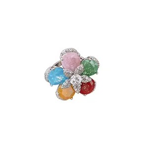 Elegant 18k gold plated open ring featuring a vibrant five-petal flower with zirconia