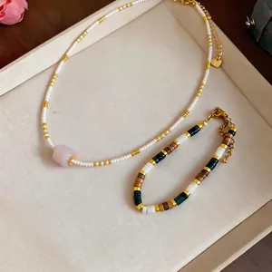 Ethnic glass beaded necklace and bracelet set with pink stone pendant jewelry set