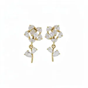 Exquisite 14k gold plated flower clip-on earrings with shimmering zircon stones