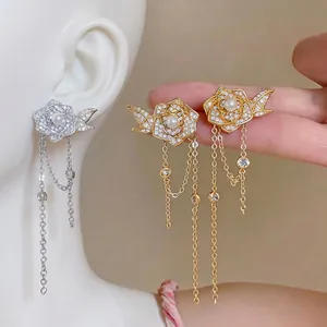 18K Vergoldet Blumen Quasten Ohrringe Strass Künstliche Perle Kupfer Lange Hängeohrringe Damen Schmuck Geschenk