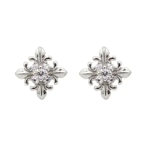 Elegant silver fleur-de-lis cross stud earrings inlaid with sparkling cubic zirconia stones
