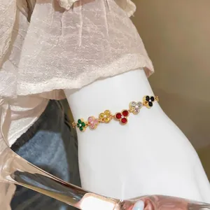 French Retro Zirconia Round Flower Bracelet For Women Multicolor Copper Gold Plated Adjustable Bangle Elegant Jewelry Gift