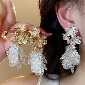 Elegant Flower Tassel Stud Earrings With 925 Sterling Silver Earring Post Zirconia Inlaid Alloy Gold Silver Plated Jewelry For Women