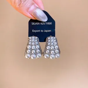 French vintage silver earrings with rows of elegant pearls and sparkling zircons