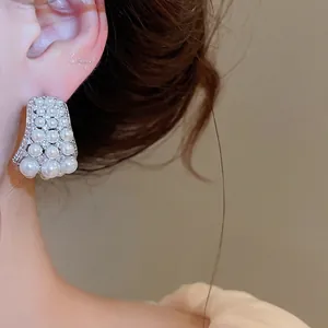 Elegant vintage zircon and pearl drop earrings for women with silver-tone finish jewelry