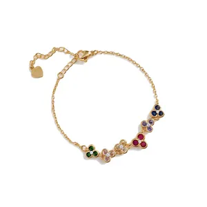 French vintage style gold plated bracelet with colorful zircon flower charms for women