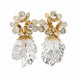 Elegant 18k gold-plated flower stud earrings with sparkling crystal petal tassel drops
