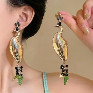 Vintage Luxury Peacock Drop Earrings For Women Elegant Gold Rhinestone Tassel Earrings With 925 Sterling Silver Earring Post