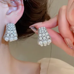 French vintage pearl and zircon stud earrings for women, silver-toned elegant design.