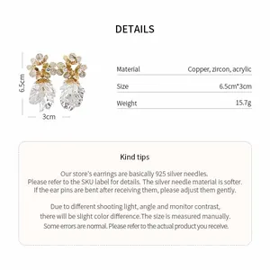 Detailed specifications for these flower tassel earrings with copper, zircon, and acrylic