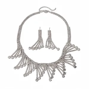 Exquisite rhinestone necklace and earring jewelry set with hollow lace design