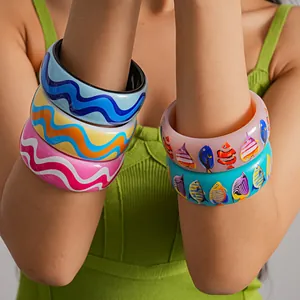 Resin Bangle Bracelet Colorful Drip Oil Wave Fish Print Dopamine Style Chunky Wristband Jewelry For Women Party Gift