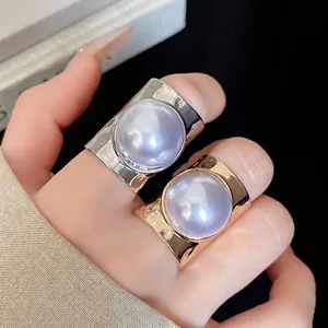 Fashionable large purple pearl wide band open rings in gold and silver finish for women