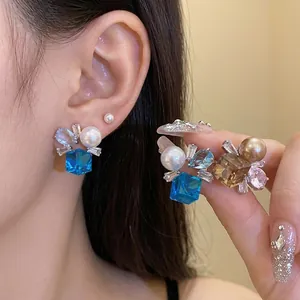 Vintage Geometric Square Water Drop Rhinestone Artificial Pearl Stud Earrings For Women With Silver Earring Post Jewelry
