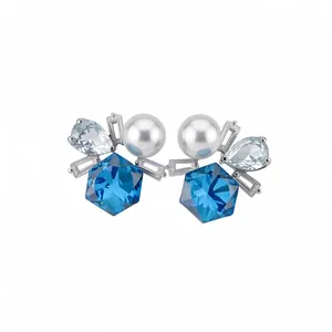 Elegant silver stud earrings featuring blue faceted crystals, pearls and clear zircons