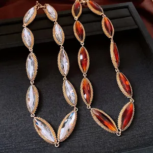 Retro luxury marquise crystal necklaces in amber and clear colors with gold-toned metal