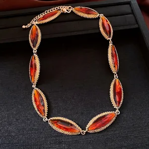 Retro luxury marquise amber crystal patchwork necklace for women with gold setting