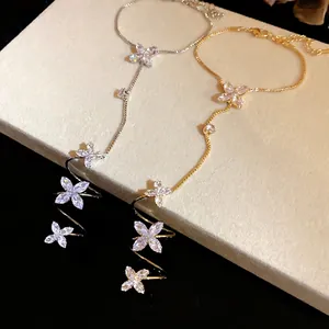 Korean Style Zirconia Flower Hand Chain Bracelet Elegant Marquise Crystal Ring-Linked Bracelet Plated Copper Women Fashion Jewelry