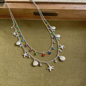 Dettaglio della collana argento a doppio strato con strass colorati e motivi marini