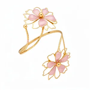 Elegant gold metal arm cuff bracelet featuring vintage pink enamel flower designs for women