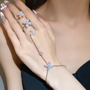 Elegant floral zircon hand harness with rings and adjustable silver chain link