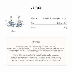 Detailed product specification and dimensions for blue flower stud earrings with pearls