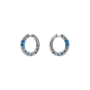 Luxury silver hoop earrings featuring blue enamel bands and brilliant cubic zirconia stones